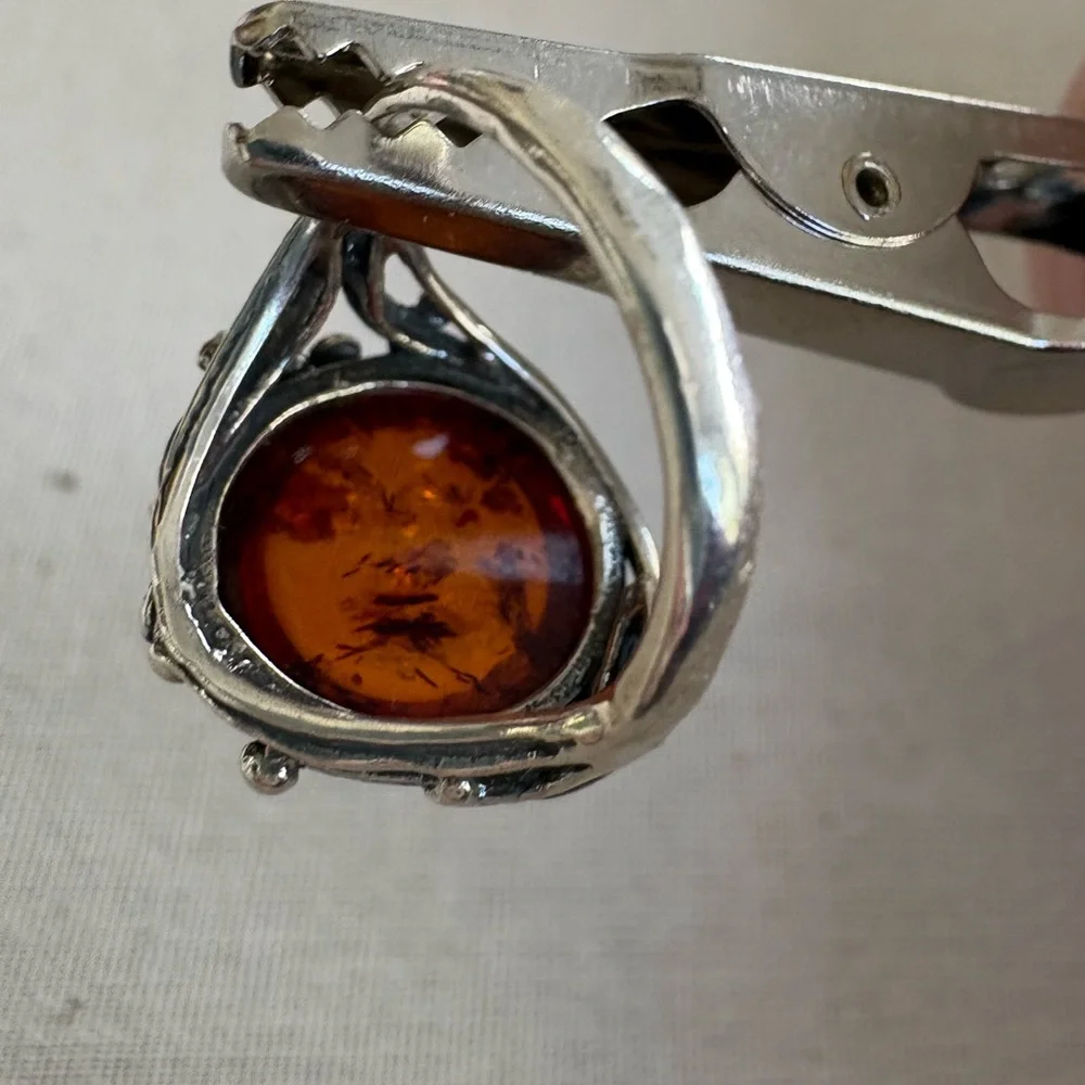 Sterling Silver and Amber Cabochon Bezel Set Ring